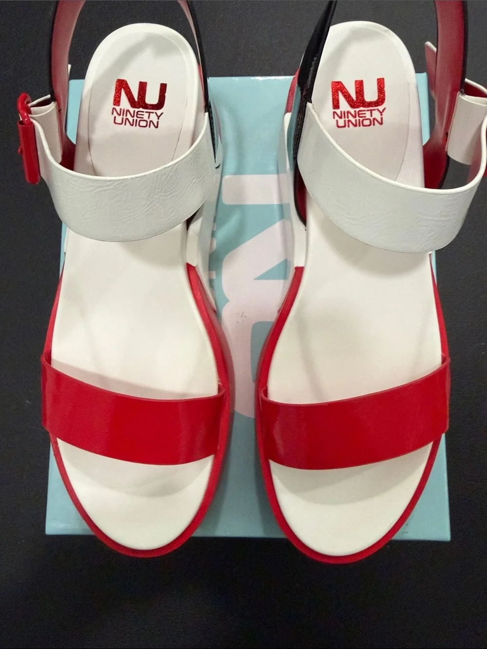 Red, white, and black Ninety Union NU wedge sandals women’s HTF size 13